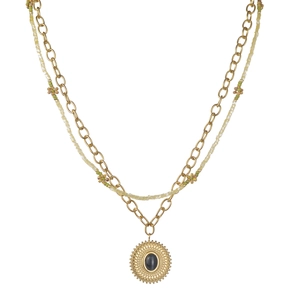 Collier vintage en acier inoxydable à deux couches avec perles colorées et pendentif soleil