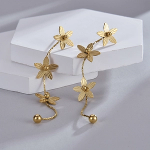 Boucles d'oreilles pendantes fleurs en acier inoxydable doré 14K avec long gland