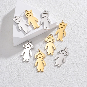 Polished titanium steel boy and girl pendants with cubic zirconia for DIY jewelry