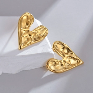Boucles D'oreilles Puces Cœur Martelées Acier Inoxydable Texture Lave Bijoux Mode Plaqué Or Pour Femmes