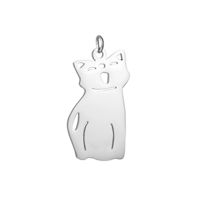 Polished stainless steel cat pendant detail with minimalist hollow outline design