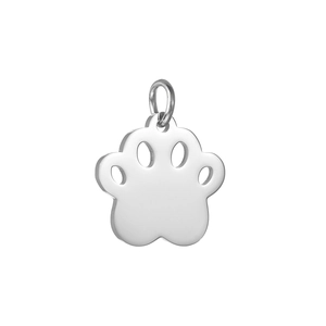Macro detail of polished stainless steel cat and dog paw charm with top jump ring
