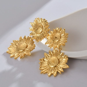 Sunflower Stud Earrings Stainless Steel Gold Plated Double Layer Floral Drop Dangle Vintage Style Fashion Jewelry For Women