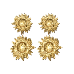 Retro golden sunflower drop earrings with layered floral design and embossed metal texture