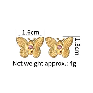 18K vergoldete Schmetterling Ohrstecker mit rosa Zirkon, 1,6 cm breit und 1,3 cm hoch