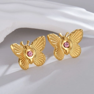 18K vergoldete Schmetterlings-Ohrstecker aus Edelstahl mit rosa Zirkonia-Stein