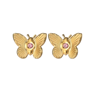 18K Gold Schmetterling Ohrringe mit rosa Zirkonia und geprägter Textur auf weißem Grund