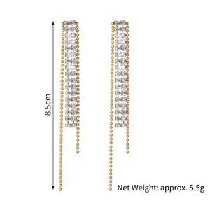 Elegant gold stainless steel tassel earrings with white zircon stones 8.5cm long