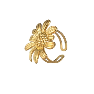 Adjustable gold plated sunflower ring for women with minimalist open-band petal design