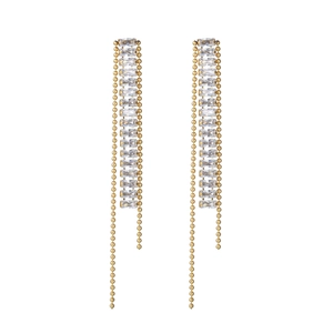 Elegant gold titanium long tassel earrings featuring rectangle zircon stones for women