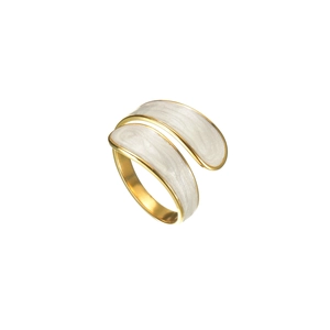 Detail of adjustable gold ring with parallel white pearlescent inlays and silk texture