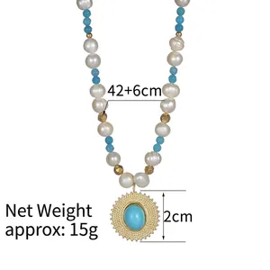 Vintage 14K gold plated necklace with blue stones, natural pearls and round pendant