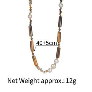 Collier en perles d'oeil de tigre brun et perles blanches, longueur 40+5cm, 12g