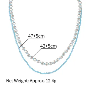 French vintage double-layered necklace with white pearls and light blue beads, weight 12.4g