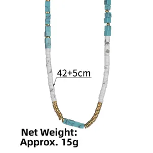 Detail of 14K gold plated necklace with turquoise and marble beads, 42+5cm length
