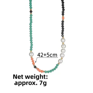 Detail view of colorful beaded necklace with dimensions showing 42+5cm and 7g weight