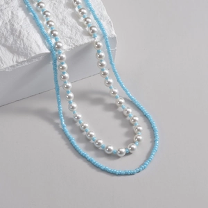Double Layer Necklace Faux Artificial Pearl Light Blue Beaded Chain French Vintage Style For Women Dainty Aesthetic Stainless Steel