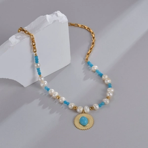 Bohemian 14K gold-plated necklace with baroque pearls, blue beads and sun medallion