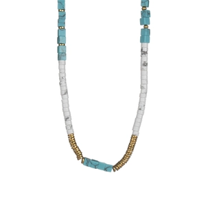 Detail of 14K gold beaded necklace with blue turquoise and marble stone textures