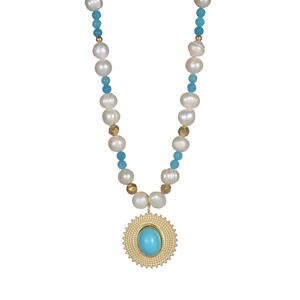 Vintage 14K gold plated necklace with blue stones, baroque pearls and beaded chain design