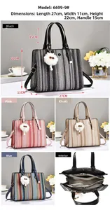 Dettagli borsa tote a righe dimensioni 27x11x22cm con scomparti interni multifunzione