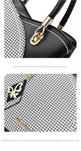 Close-up of contrast lattice fabric and black leather on tote bag with gold ring buckle