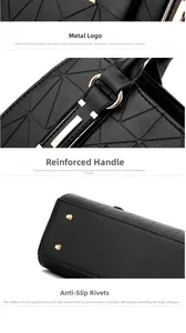 Detail view of black PU leather handbag with geometric texture and metal base rivets