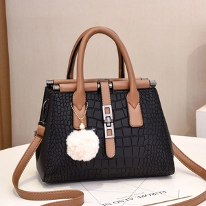 Women Handbag Crocodile Pattern Synthetic Leather Large Capacity Crossbody Shoulder Purse Fur Ball Decor