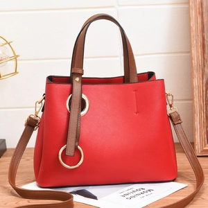 Women Fashion Handbag PU Leather Contrast Color Large Tote Shoulder Crossbody Bag Gold Ring Decor Top Handle Trendy Ladies