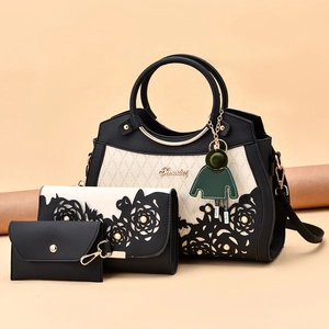 Fashion Women Hollow Handbag Set PU Leather Tote Bag With Round Metal Handle Clutch And Wallet Floral Design For Daily Commute