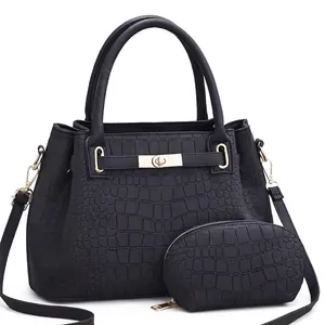 Black crocodile-pattern 2-in-1 tote bag and crossbody pouch set with gold hardware