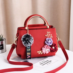 Mode Damen Handtasche PU Leder Lychee Muster 3D Blume Metallgriff Schulter Umhängetasche Pom Pom Schlüsselanhänger Zubehör