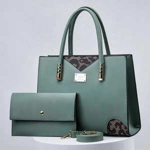Leopard print patchwork tote and envelope clutch bag set in bean green with gold hardware