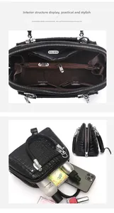 Detailansicht der Innenfächer und des Stauraums der schwarzen Handtasche mit Krokodilmuster