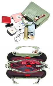 Details der Innenfächer und Kapazität der hellgrünen gewebten Lederhandtasche