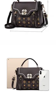 Brown crossbody bag size detail 23x11x17cm compared with iPad and smartphone