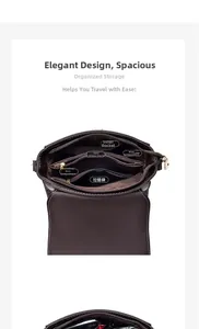Detailed view of women's crossbody bag interior compartments and zipper pockets