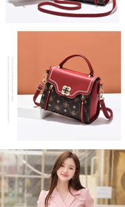 Detail view of red leather flap and brown canvas monogram pattern with gold flower lock