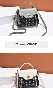 Detail of vintage square handbag featuring contrast floral print and gold flower buckle