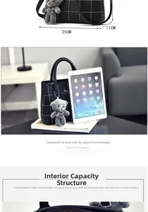 Dettaglio borsa nera trapuntata con orsetto, mostra larghezza 25cm e spazio per iPad