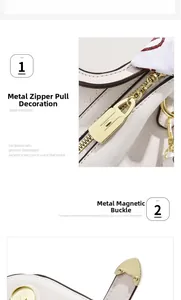 Close-up of golden zipper puller and magnetic snap on cream textured leather bag