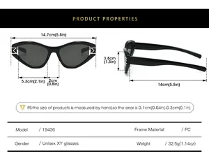 Size chart showing dimensions for these trendy small frame unisex sunglasses