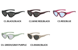 Detailed multi-color display of cat eye sunglasses with silver metal logo on temples