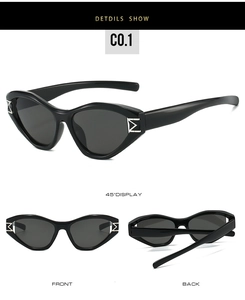 Macro details of black cat-eye sunglasses with silver metal M-shaped geometric temple accent