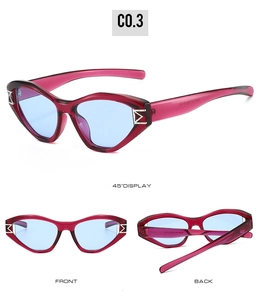 Multiple views of trendy cat-eye sunglasses in rose red with blue lenses and M-shaped metal detail