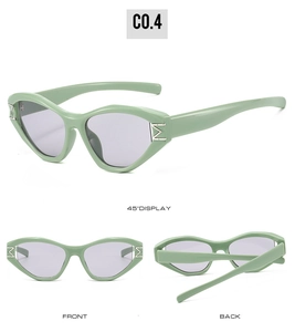 Detail view of light green cat eye sunglasses with silver M decoration in multiple angles
