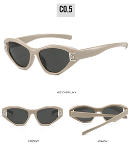 Detailed views of khaki cat-eye sunglasses featuring silver metal M-decorations on temples