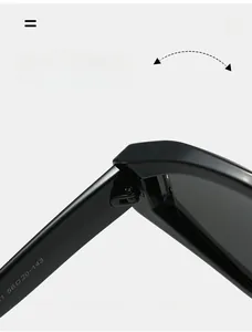 Detail shot of durable metal hinges and size specs on black outdoor sunglasses temples