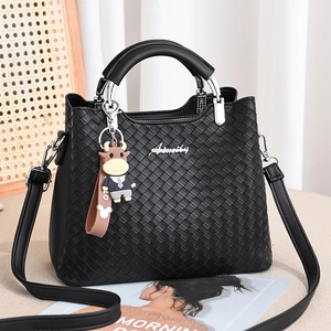 Retro Gewebte Handtasche PU Leder Schulter Umhängetasche Große Kapazität Reißverschluss Messenger Für Damen Mit Cartoon Anhänger