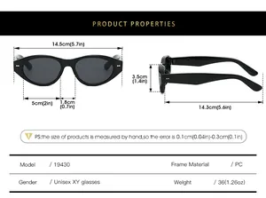 Detailed sizing chart and specifications for cat eye sunglasses with precise measurements